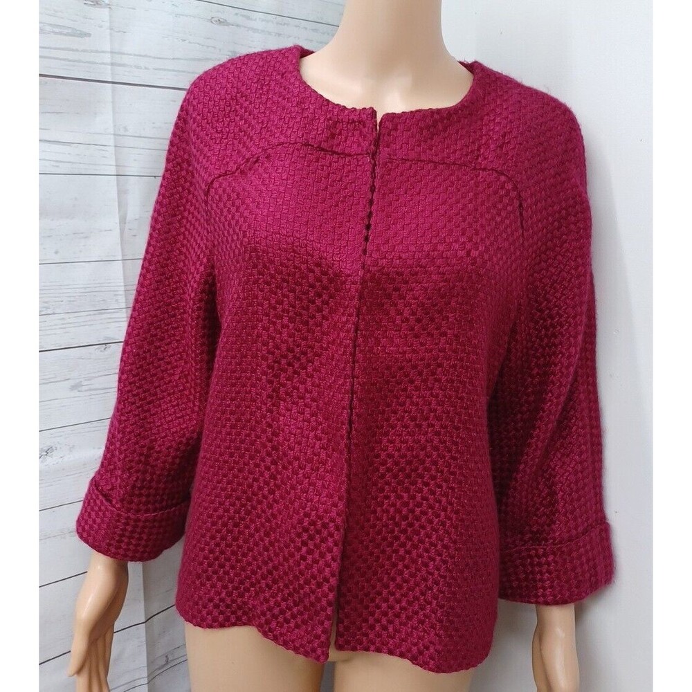 Chicos Sz 1 (M) Red Pink Open Front Tweed Cardigan Jacket